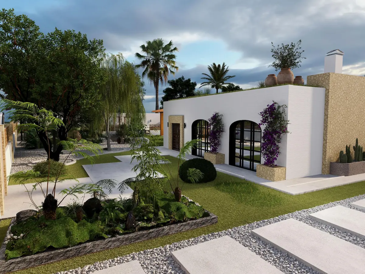 Rumah Mediterania dengan Teras yang Asri